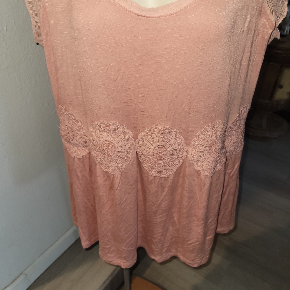 RXB Pink Lace Detail Mesh Sleeve Tunic Top XL embroidered floral cottagecore - Picture 2 of 7
